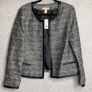 Banana Republic Women's Black White Tweed Jacket 12 open front faux leather trim